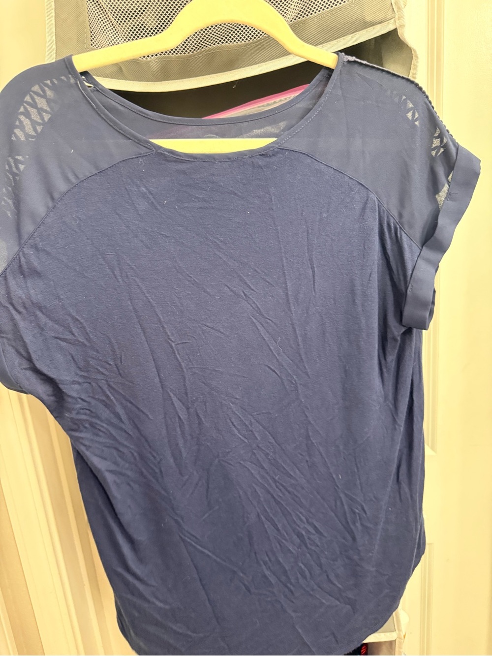 Women's Navy Short-Sleeve Mesh Yoke Blouse
